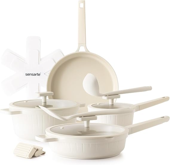 SENSARTE 14Pcs Pots and Pans Set Non Stick, Ceramic Cookware Set Non toxic | PFAS/PTFE Free, Induction Cookware, Even Heating, Durable, Dishwasher Safe, Healthy Kitchen Cooking Set, Stay-Cool Handles