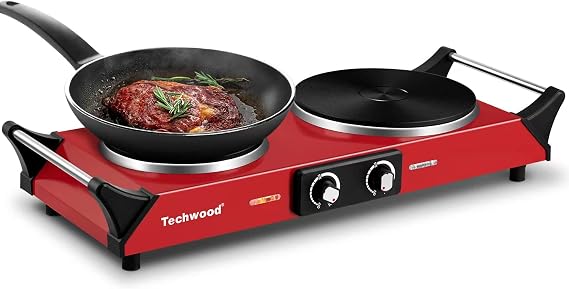 Hot Plate, Techwood 1800W Portable Electric Stove for Cooking Countertop Dual Burner with Adjustable Temperature & Stay Cool Handles, 7.5 Cooktop for Home/RV/Camp, Compatible for All Cookware, Red