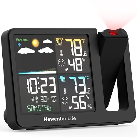 Projection Alarm Clock, Projection Clock for Bedroom Ceiling, Projector Clock with Weather Station, Indoor Outdoor Temperature Humidity Monitor, Forecast, Adjustable Backlight, Black, Atomic