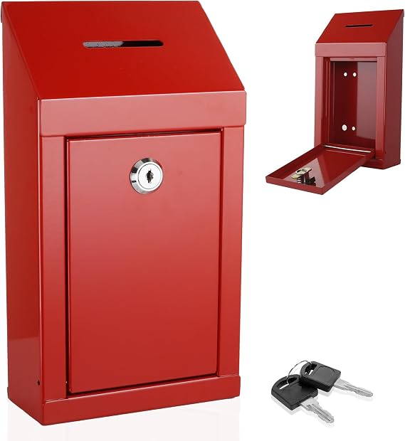 Metal Donation Box-Suggestion Box with Slot and lock-Cash Lock box for Money-Secure Drop Box-Comment and ballot voting box- with pre-drilled holes for easy wall mounting 10 X 6 X 2.5"(Red)