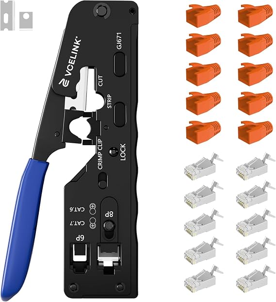 VCELINK Crimping Tool RJ45 Crimping Pliers 10 x Cat7 Connectors Network Tool For CAT 7/CAT 6A/CAT 6/CAT 5E/CAT 5 network plugs and 6P telephone plugs cutting stripping and crimping
