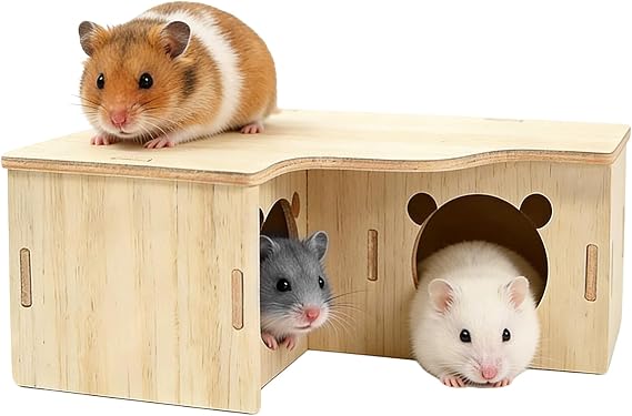 Hamster Multi Chamber Hide: Wooden Hamster House Moisture-Proof, Bite-Resistant, Safe and Odorless with Lid for Hamsters Small Pets (22.5x17.5x8CM)