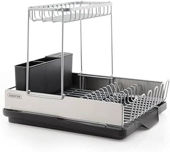 Sabatier Compact 2-Tier Dish Drying Rack with Flatware Caddy and Knife Insert - Stainless Steel Dish Rack for Kitchen Counter, Space-Saving Drainer with Drainboard Spout