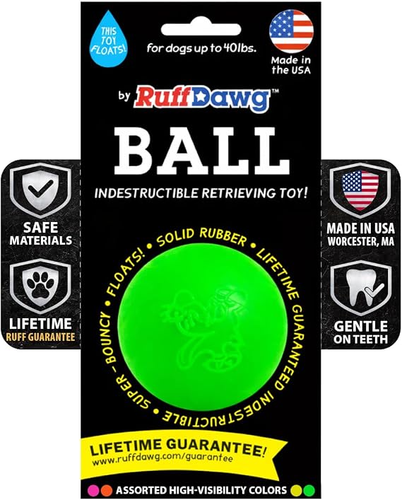 Ruff Dawg Indestructible Dog Ball Med 2.5 Heavy-Duty Rubber Fetch Toy for Aggressive Chewers Extreme Bounce, Floats, BPA & Latex Free Made in USA, 1 Pack - Color Varies