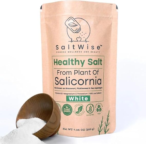 SaltWise Salicornia (Samphire) White Salt | 50% Less Sodium Plant-Based Salt Substitute | Mineral Sea Salt Alternative | Vegan, Non-GMO, No Additives (200g)