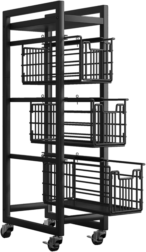 4-Tier Pull-Out Storage Organizer Rolling Utility Cart - Universal Metal Craft Shelf Trolley for Home Kitchen Bathroom Bedroom Office Classroom Laundry Cleaning Supplies Bar with Caster Wheels