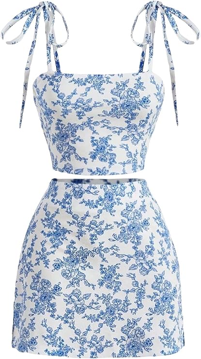 WDIRARA Women's 2 Piece Outfit Floral Print Tie Shoulder Cami Top and Split Hem Skirt Set