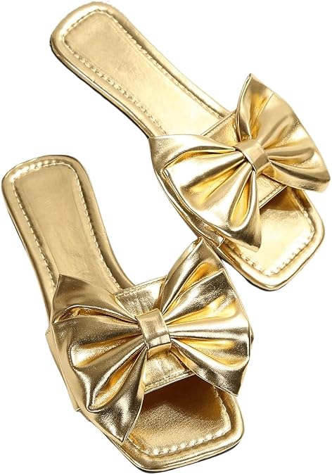 GORGLITTER Women's Gold Flat Sandals Bow Square Toe Dressy Cute Slides | Slip On Dress Sandals, Wide Width Comfortable Flats, Summer Sandals for Women 2026, Wedding Guest Shoes