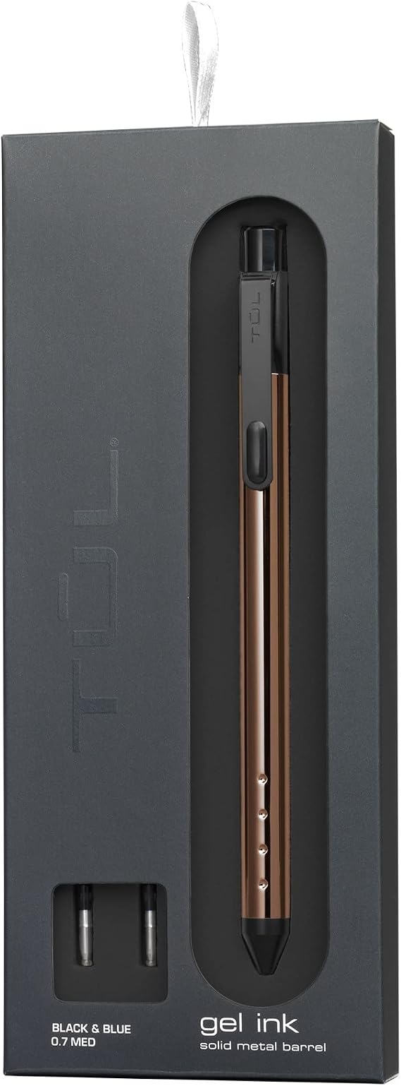 TUL Fine Writing Solid Metal Barrel Retractable Gel Pen with 2 Refills, Medium Point, 0.7 mm, Rose Gold Barrel, Black/Blue Ink