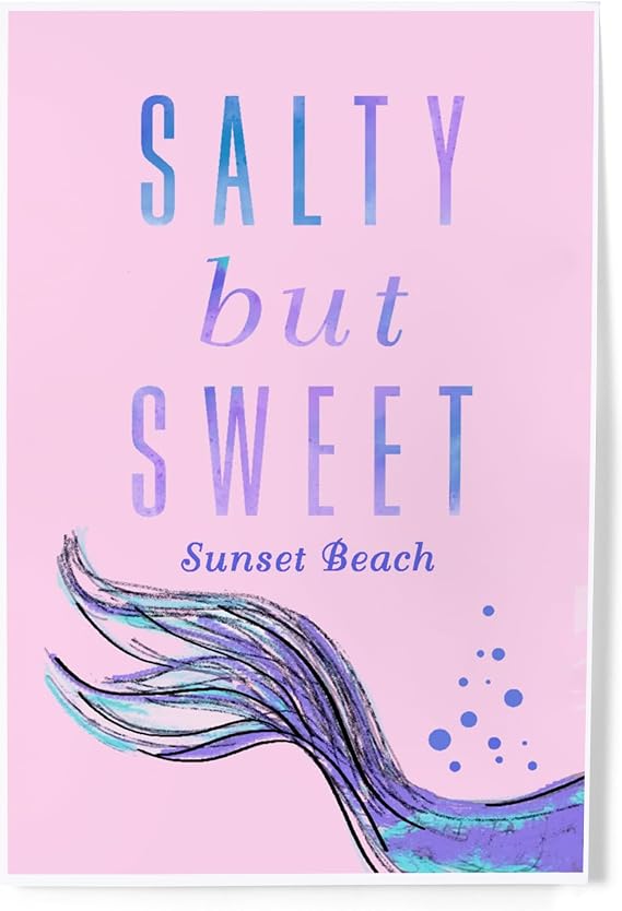 Lantern Press 8x12 Art Print, Sunset Beach, Salty but Sweet, Mermaid Tail, Pink Background