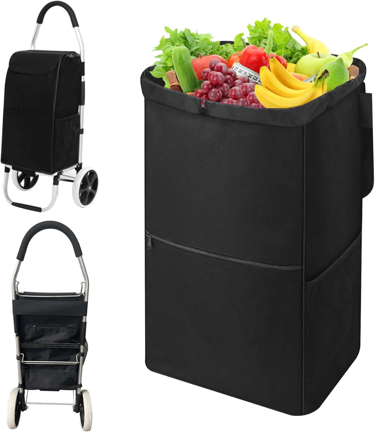 Trolley Bags for Shopping Cart, Waterproof Shopping Cart Bags, Sturdy Liner Replacement with Mesh Side Pockets, Folding Storage Bag for Grocery Carts
