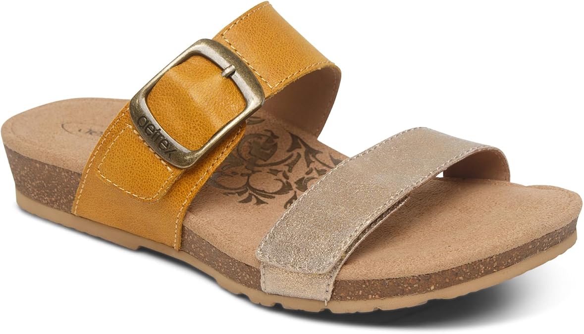 Aetrex Women's Daisy Orthopedic Adjustable Slides for Women - Open Toe Leather Arch Support
