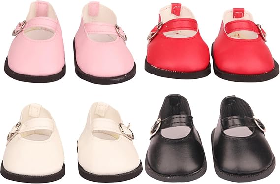 4 Pairs Doll Shoes for 18 Inch Dolls, 18 Doll Shoes Solid Color Dress Flats in Pink Red White Black, 18 Inch Doll Accessories, 18 Doll Clothes