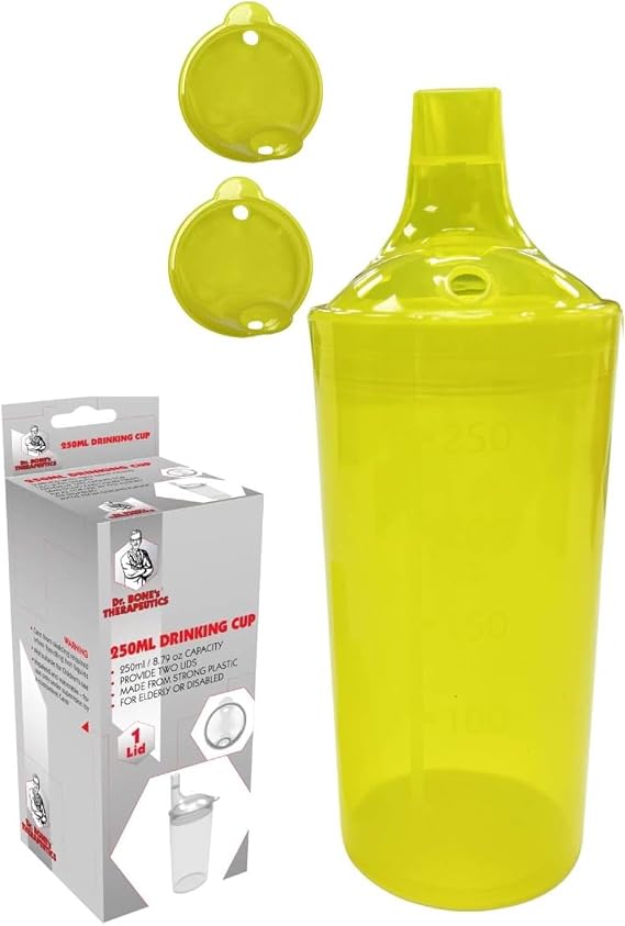 Plastic Feeding Cup with 2 Lids Adult Feeder Beaker with Large & Small Spouts, Straw Holes – Ideal for Liquids & Blended Foods – Easy to Hold, Spill-Resistant, Perfect for Home & Hospital Use (Yellow)