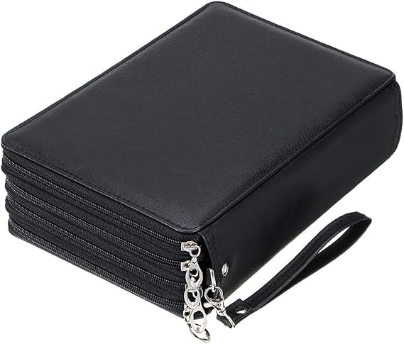 BTSKY 200 Slots Colored Pencil Organizer - Deluxe PU Leather Pencil Case | Zipped Holder with Removal Handle Strap Pencils Box Large for Colored Pencils Watercolor Pencils (Black)