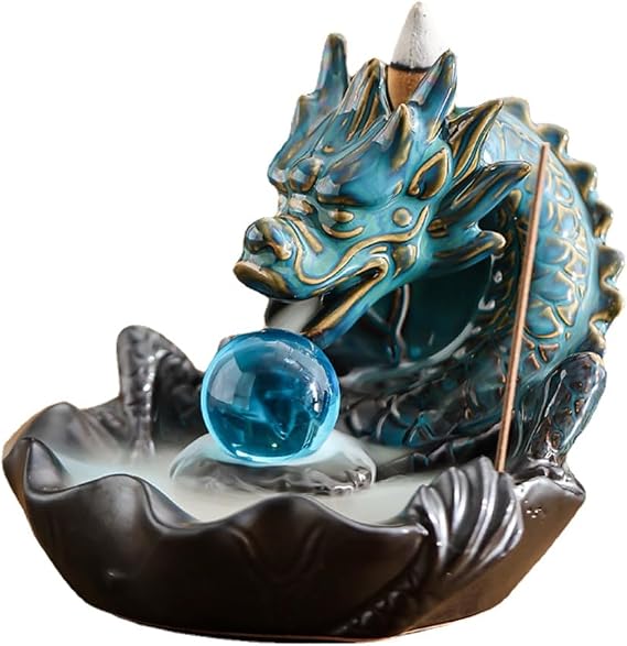 Creative Dragon Shaped Backflow Incense Burner Waterfall Auspicious Loong Playing Pearl Sandalwood Reflux Incense SmokedHolder Burner Ornaments (Blue)