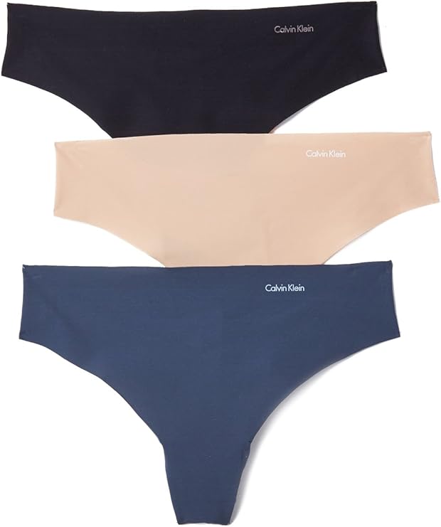 Calvin Klein Women's Invisibles Seamless Thong Panties, 3 Pack, Speakeasy/Light Caramel/Black, Medium