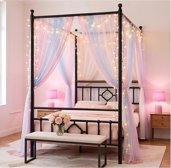 Homkdom Twin Canopy Bed Frame with Storage Headboard,Noise-Free,Black