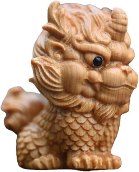 Foo Dog Statue Home Office Decor,Solid Wood Kylin Sculpture Garden Desktop Decor,Feng Shui Gift Pi Xiu/Pi Yao Figurine Ornaments