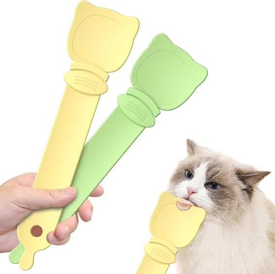 2Pcs Cat Strip Feeder Spoon, Cat Treat Spoon Squeeze for Wet Food, Easy Grip Design-Green&Yellow