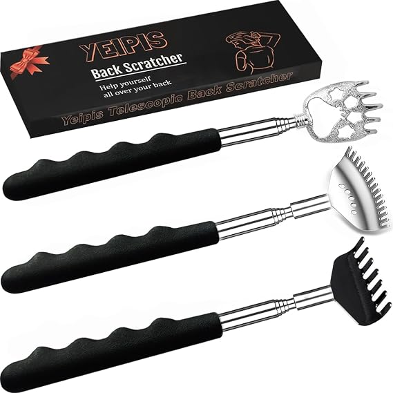 Yeipis 3 Pack Different Back Scratcher Metal Portable Telescoping Back Scratchers with Rubber Handles, Extendable Back Massager Tool with Beautiful Box, Gifts for Men Women Kids Adults