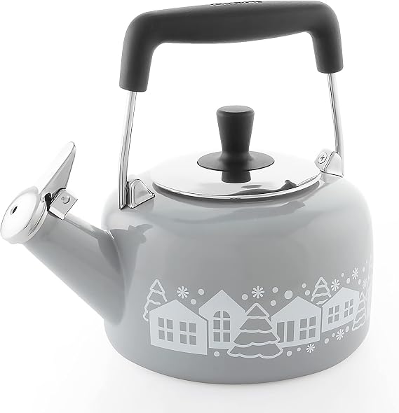 Chantal SVEN "Mountain Village" Enamel-on-Steel Whistling Teakettle, 1.4 quart, Fog Grey with White Decal