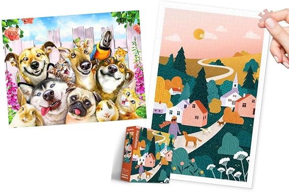 PieceRelax and Pintoo - Two Plastic Jigsaw Puzzles Bundle 1000 Pieces Bea Muller - Sunset Walk in The Town and 500 Piece - Howard Robinson - Pet Selfie [H3497+H2068]