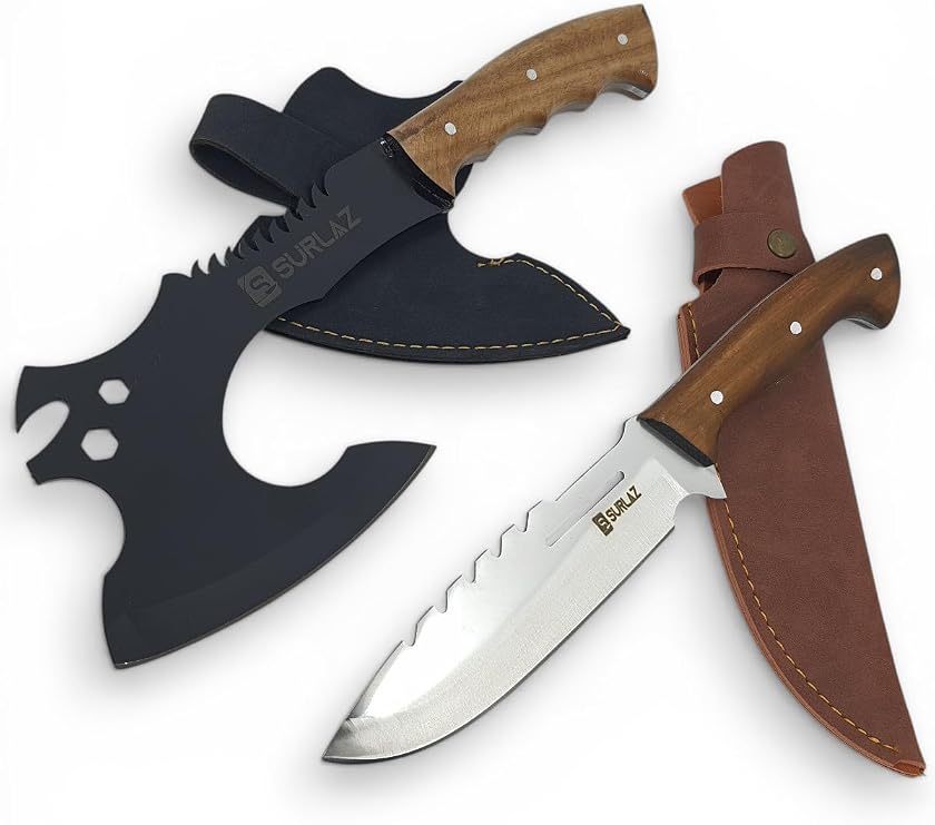 SURLAZ Kamp Bıçak Seti, Ahşap Saplı Bıçak ve Balta, Deri Kılıflı, Outdoor Set, Piknik Doğa Bıçak Seti