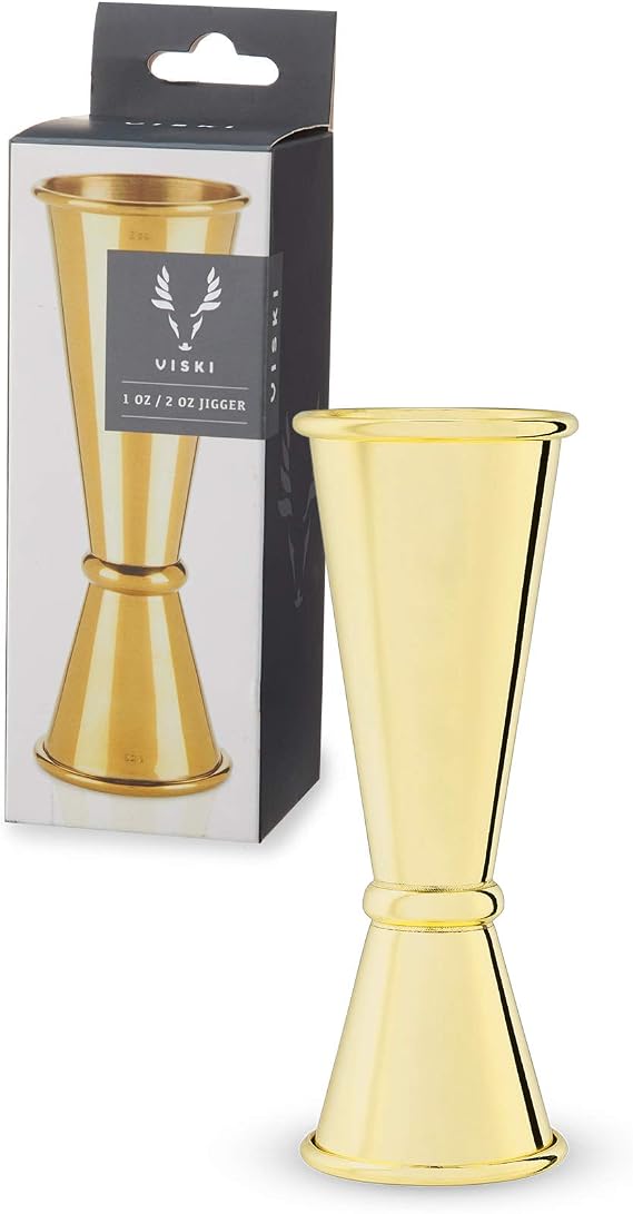 Viski Japanese Style Double Jigger for Cocktails, Bar Kit Essential, 1oz and 2oz with Interior Measurements, Gold
