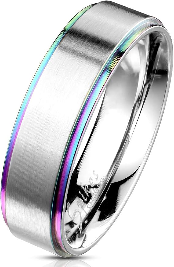 Rainbow IP Stepped Edges with Brushed Finish Center 316L Stainless Steel Classic Band Rings