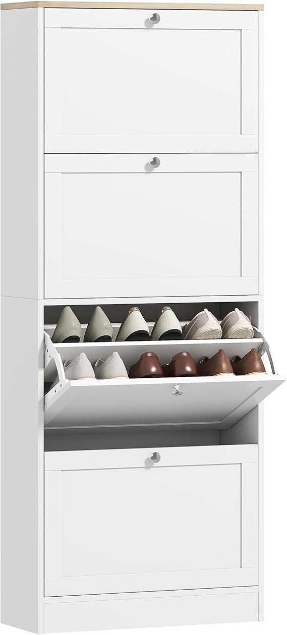 HOMCOM Shoe Cabinet with 4 Flip Drawers, Narrow Shoe Storage Cabinet, Freestanding Slim Shoe Rack for Entryway, Hallway, White