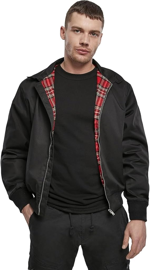 Brandit Individual Wear Men's Harrington Classic Waist-Length Everyday Jacket with Stand-up Collar & Red Checked Inner Lining