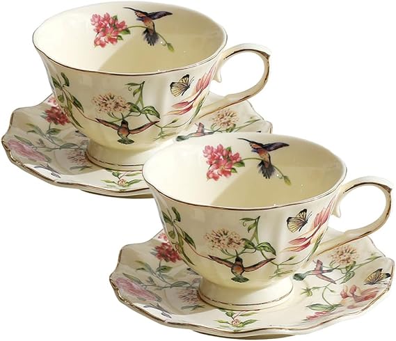 Tea Cups and Saucers Set of 2, 8oz Floral and Bird Tea Cups Set, Vintage Teacups with Suacers, Ceramic Coffee Mug China Tea Cup
