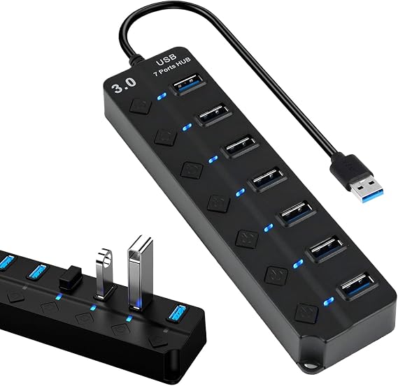 7-Port USB 3.0 Hub With Individual Switches & Lights - High-Speed Data Extension Splitter With Extended Cable for PC, Laptop and More