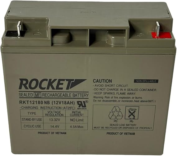 ROCKET RKT12180 NB 12V 18Ah Sealed Lead Acid AGM Battery Rechargeable, Maintenance-Free, Non-Spillable with Nut & Bolt Terminal For UPS, Mobility, Solar, and Backup Systems