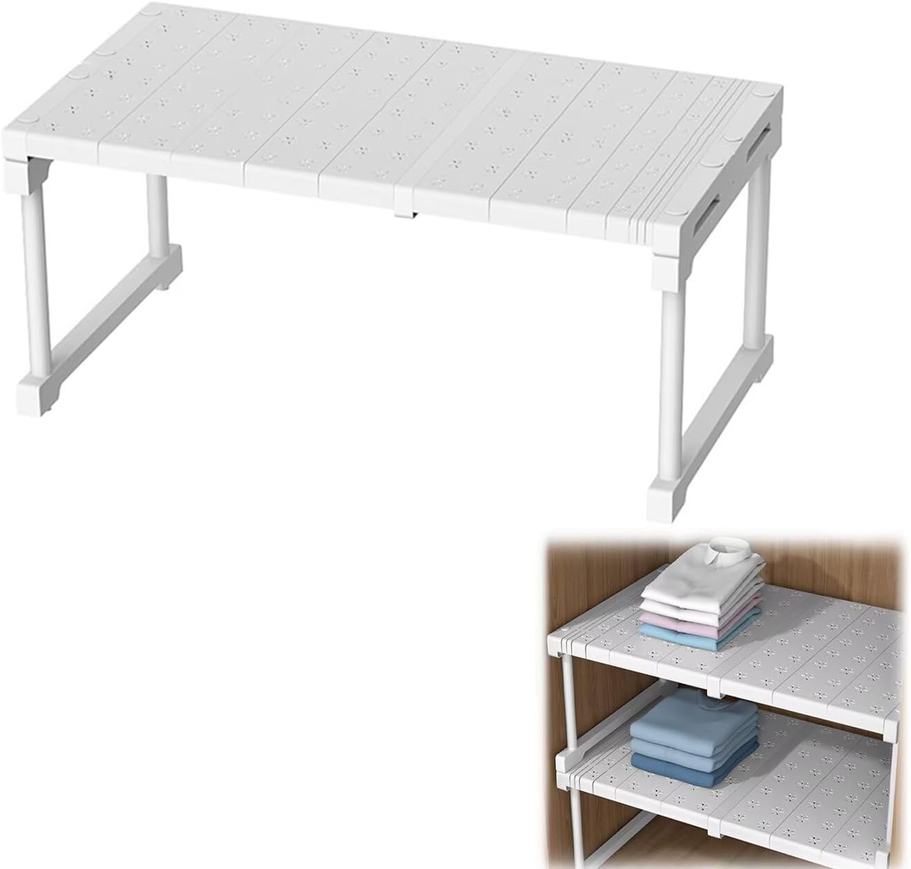 Stackable Shelf, Wardrobe Storage Organiser, Expandable Closet Shelves, Stackable Kitchen Storage Shelves, Counter Shelves, White, D 24CM, L 27-38 CM, H 22 CM
