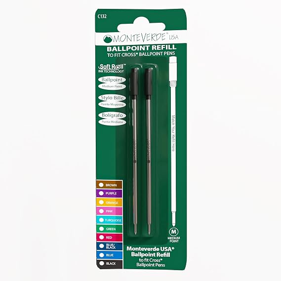 Monteverde Ballpoint Refill to Fit Cross Pens, Medium, Black, 6 Pack