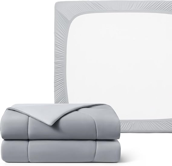 REST Buy 2 GET 30 Percent Off: Evercool Comforter Plus Fitted Sheet Bundle at 30% Discount, in Light Gray, Queen Size