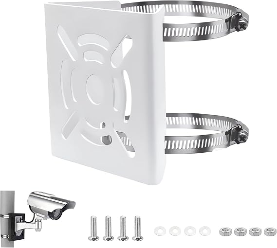 Universal Vertical Pole Mount Bracket for CCTV Security Camera, PTZ Dome Pole Wall Mounting Loop Bracket,Solid Metal Mounting Corner Bracket with 200mm Loops (1, White)