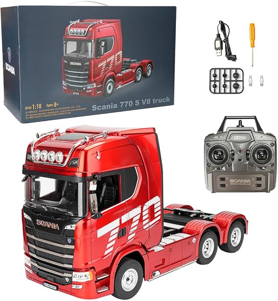 Remote Control Semi Truck with Rear Wheel Drive, 1:18 Scale 6x4 770S Heavy Duty Tractor Truck with LED & Sounds, Construction Vehicle for Adult Trucks - Red