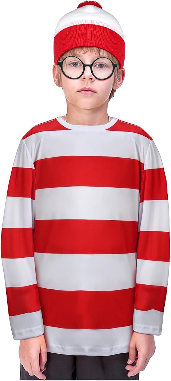 Kids Red and White Striped Long Sleeve Tee Shirt Glasses Hat Outfit Suit Funny Halloween Cosplay Sweatshirt Costume