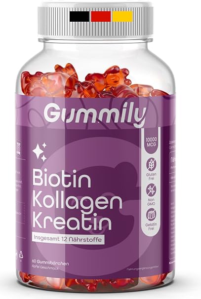 Biotin Gummy Bears 10000 mcg - Hair Vitamins for Hair Skin and Nails - High Dose - with Collagen & Creatine Biotin Gummies - Total 12 Nutrients - Gelatin-Free - Pack of 60 - Non GMO Gummily