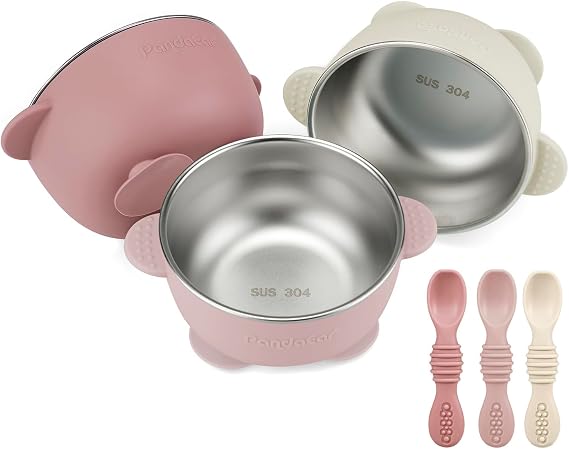 PandaEar 3 Pack Stainless Steel Baby Suction Bowls with 3 Spoons, Stay Put Silicone Food Bowl Babies Led Weaning Supplies for Kids Toddlers, BPA-Free - Pink Rose Linen