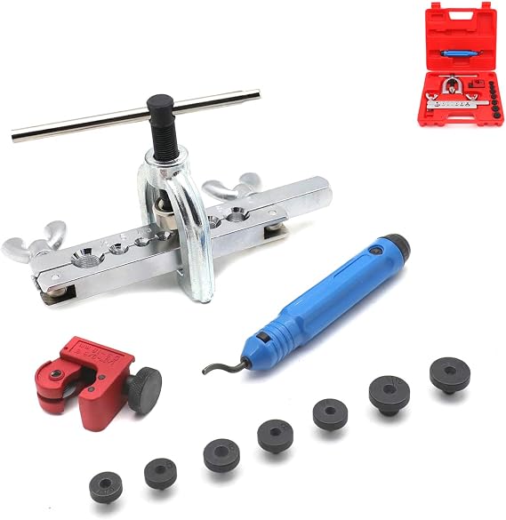 HTTMT- Professional Double Flaring Tool Kit 7 Dies Double Single Flare Tube Copper Brake Line and Brass Tubing Tool Kit W/Case For Car Truck Mini Pipe Cutter Deburrer [P/N: ET-TOOL025-RED]