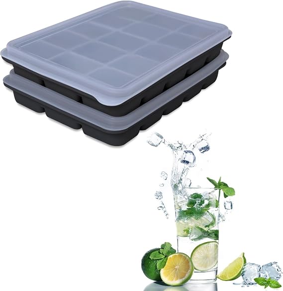 Tvmania Ice Cube Trays Set of 2, 15-Cube Silicone Molds with Removable Lids