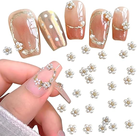 3D White Pearl Flower Nail Charms Cute Pearls Flowers for Nails Design Floral Nail Charm Small Flower Nail Art Charms Nail Rhinestones Manicure Decor Accessories Flatback Charms for Crafts,10pcs