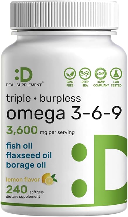 Triple Omega 3-6-9 Fish Oil Supplements 3,600mg 240 Softgels with Flaxseed Oil & Borage Oils Complex High EPA + DHA Burpless Pills, Lemon Flavored, Wild Caught Heart, Joint, Brain Support