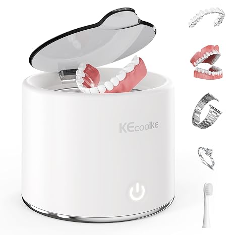 Ultrasonic Retainer Cleaner, KECOOLKE 48kHz Retainer Cleaner Machine for Dentures, Mouthguard, Braces, Night Guard, Toothbrush, Jewelry with Dental Cleaning Pod-Cool White