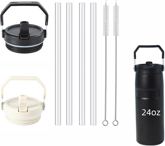 2pcs Tumbler Lid Replacement Fit for IceFlow Flip Straw 2.0 Water Bottle 24OZ, with 4Pcs Straw Replacement/ 2Pcs Cleaner Brush for Iceflow 24oz (Beige and Black, 24oz)