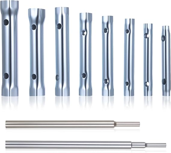 10 Pcs Tap Box Spanner Set, Tubular Box Spanner Set with 2 Pcs Tommy Bars, 6-22mm Metric Plumbing Tap Spanners & Wrenches for Sink Tightening